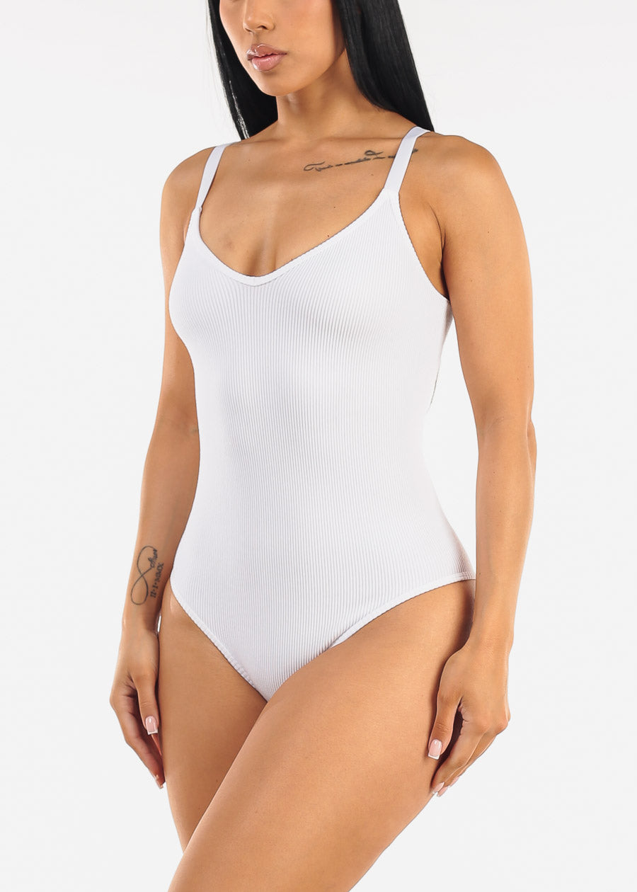 Stretch Sleeveless Vneck Ribbed Bodysuit White