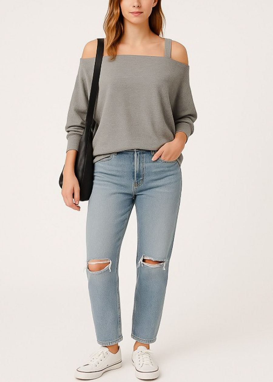 Cold Shoulder Stretch Tunic Top Grey