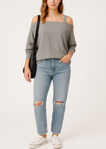 Cold Shoulder Stretch Tunic Top Grey