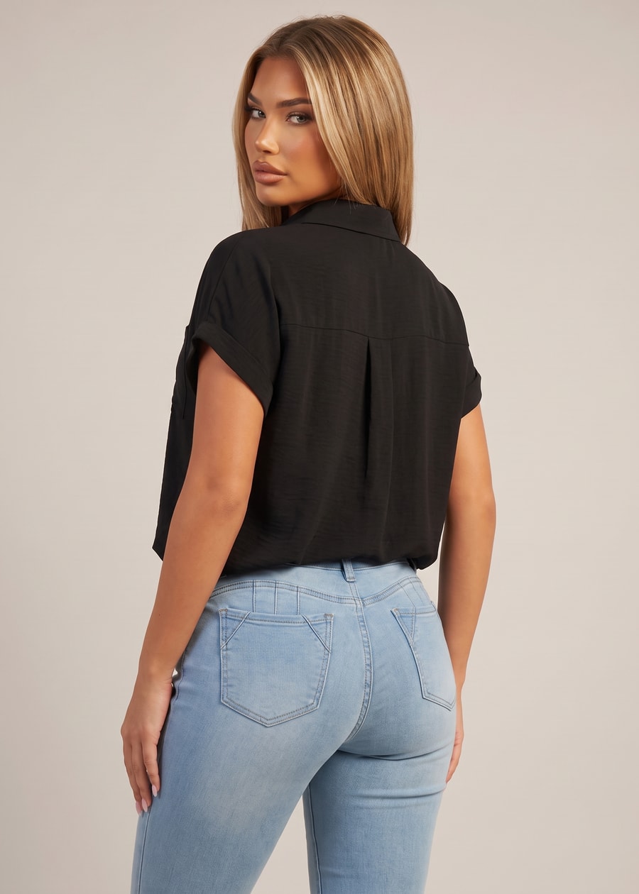 Short Sleeve Button Down Lightweight Blouse Black, view 2 of 2
