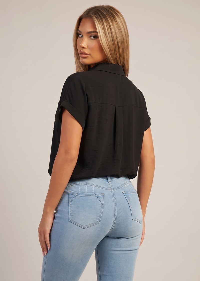 Short Sleeve Button Down Lightweight Blouse Black