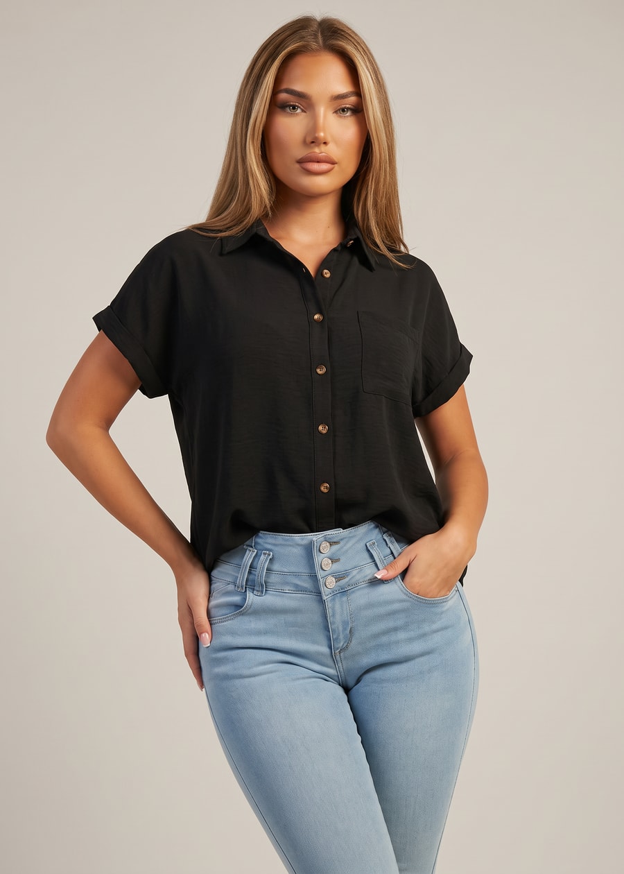 Short Sleeve Button Down Lightweight Blouse Black, view 1 of 2