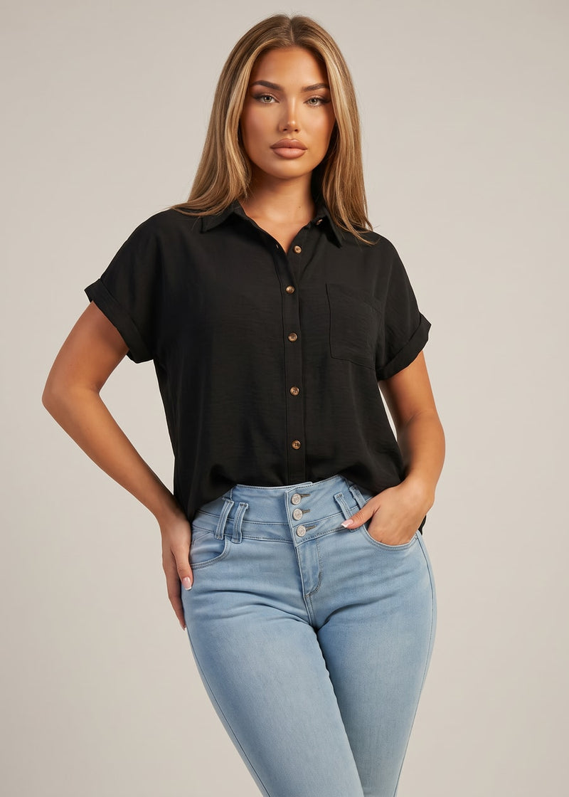Short Sleeve Button Down Lightweight Blouse Black