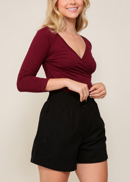 Quarter Sleeve Surplice Cotton Bodysuit  Burgundy