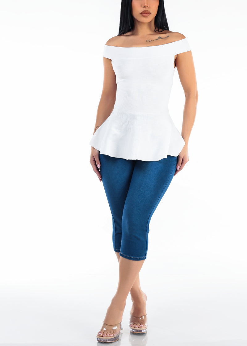 Off Shoulder Peplum Sweater Top Off White