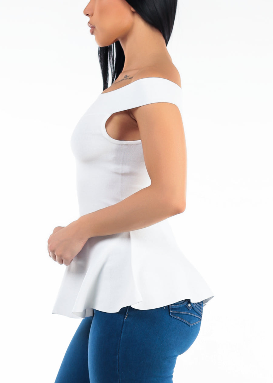 Off Shoulder Peplum Sweater Top Off White