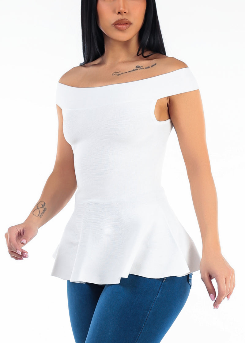 Off Shoulder Peplum Sweater Top Off White