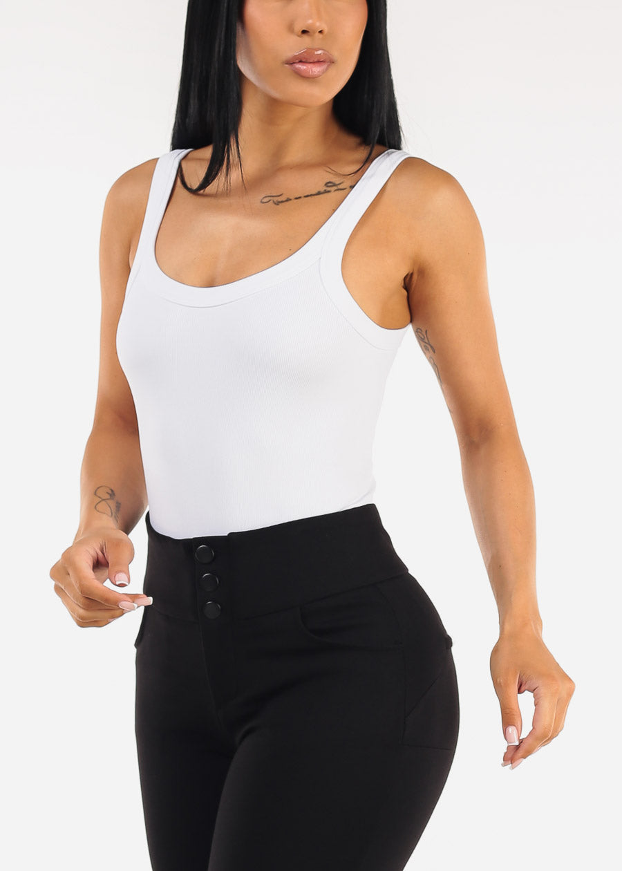 Sleeveless Ribbed Scoop Neck Cami Bodysuit White