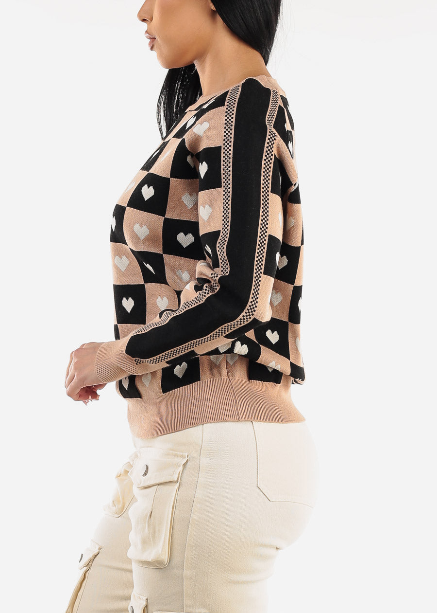 Round Neck Long Sleeve Printed Sweater Taupe