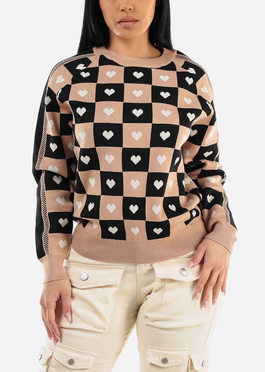 Round Neck Long Sleeve Printed Sweater Taupe