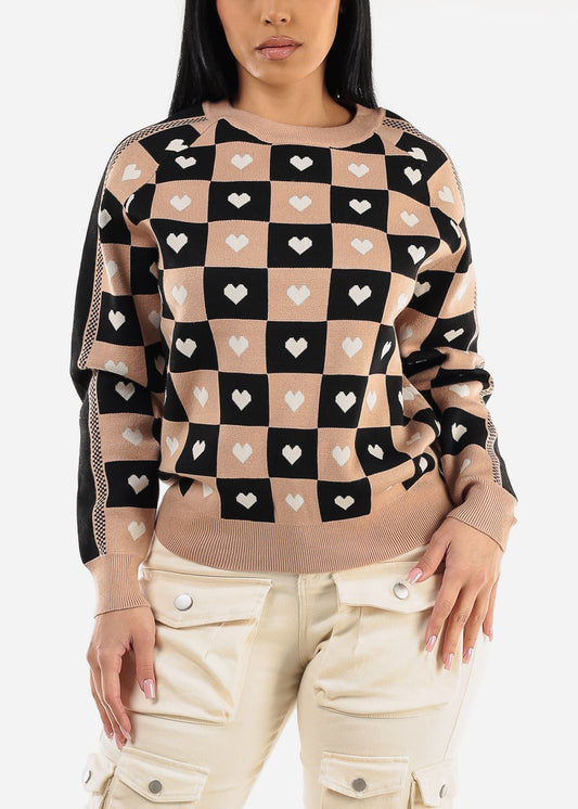 Round Neck Long Sleeve Printed Sweater Taupe