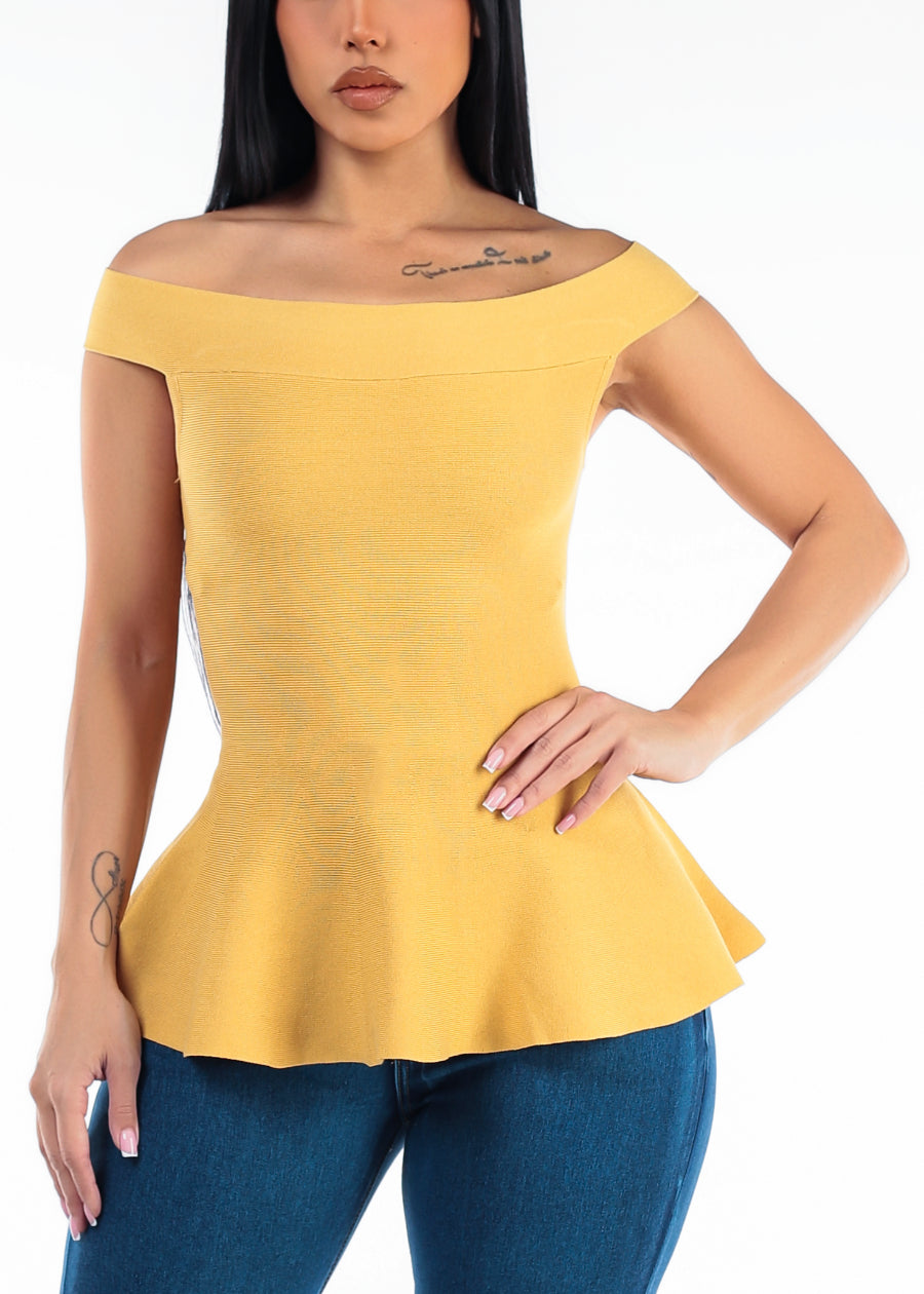 Off Shoulder Peplum Sweater Top Yellow