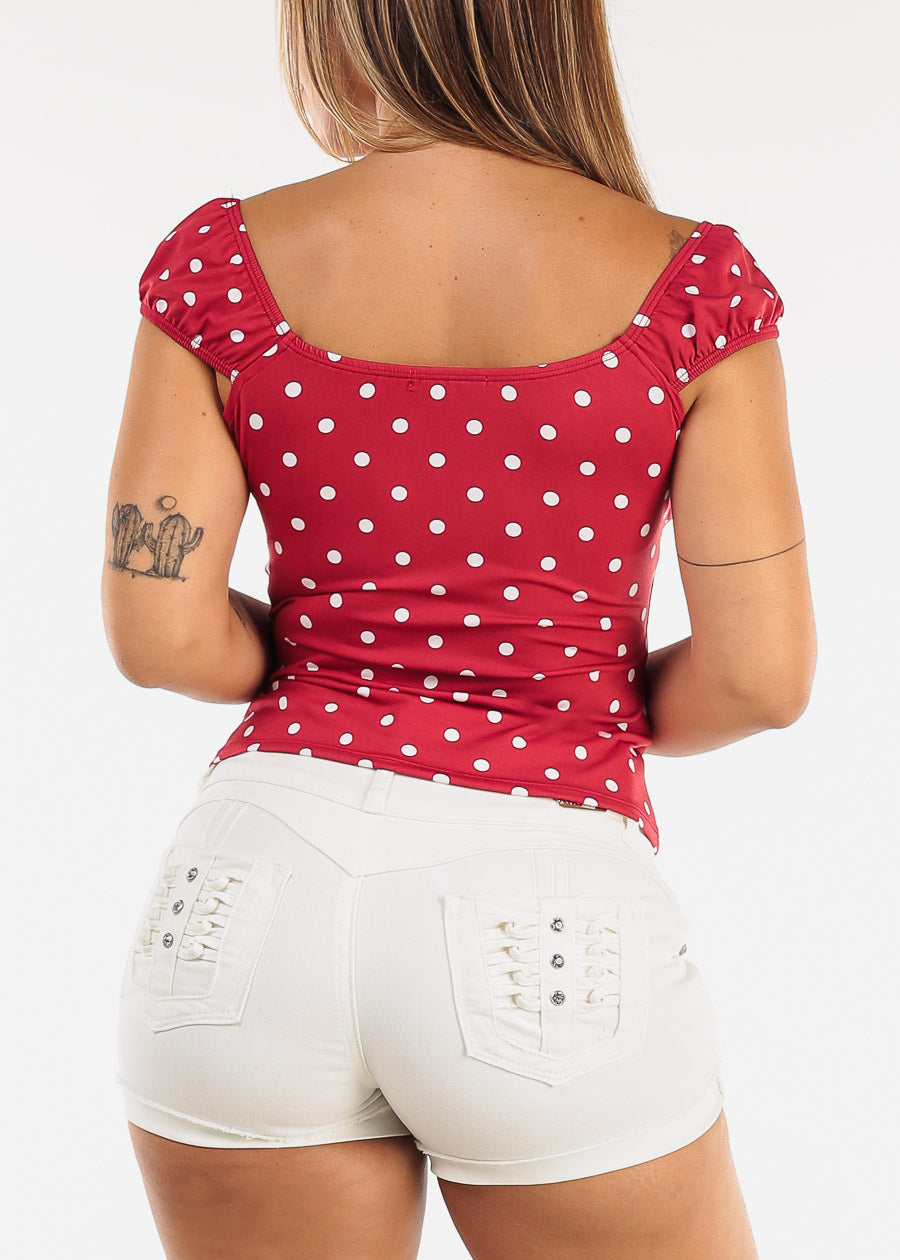 Short Sleeve Square Neck Stretch Polka Dot Blouse Red