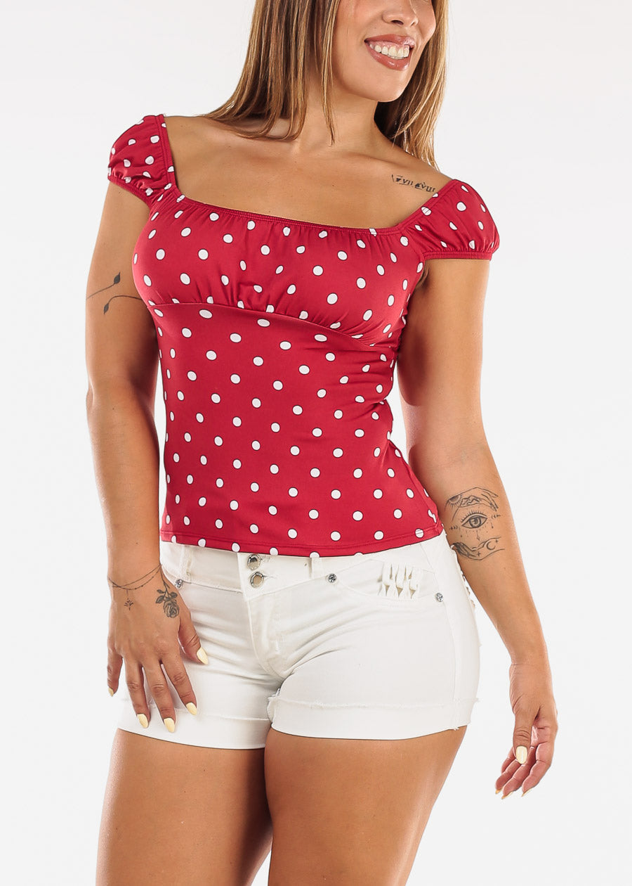 Short Sleeve Square Neck Stretch Polka Dot Blouse Red