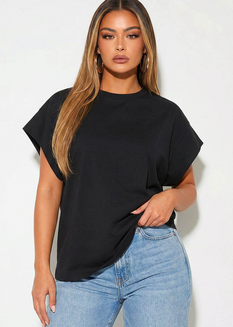 Cap Sleeve Round Neck Cotton Tee Black