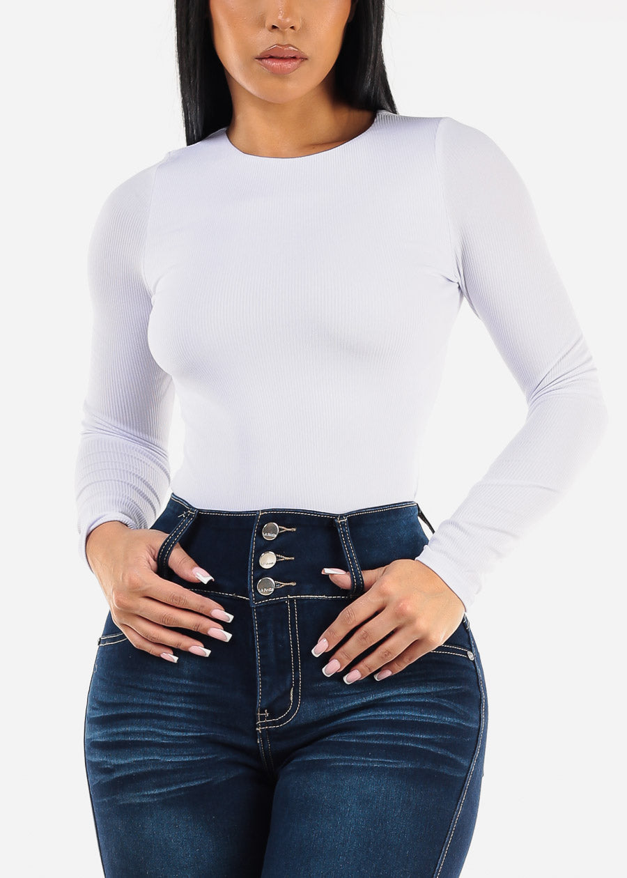 Long Sleeve Crewneck Double Layered Ribbed Top White