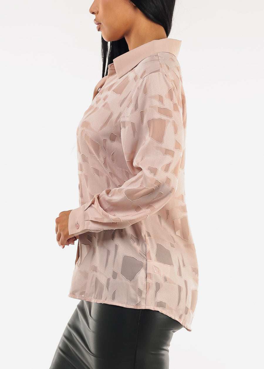 Long Sleeve Button Up Textured Collared Blouse Light Nude
