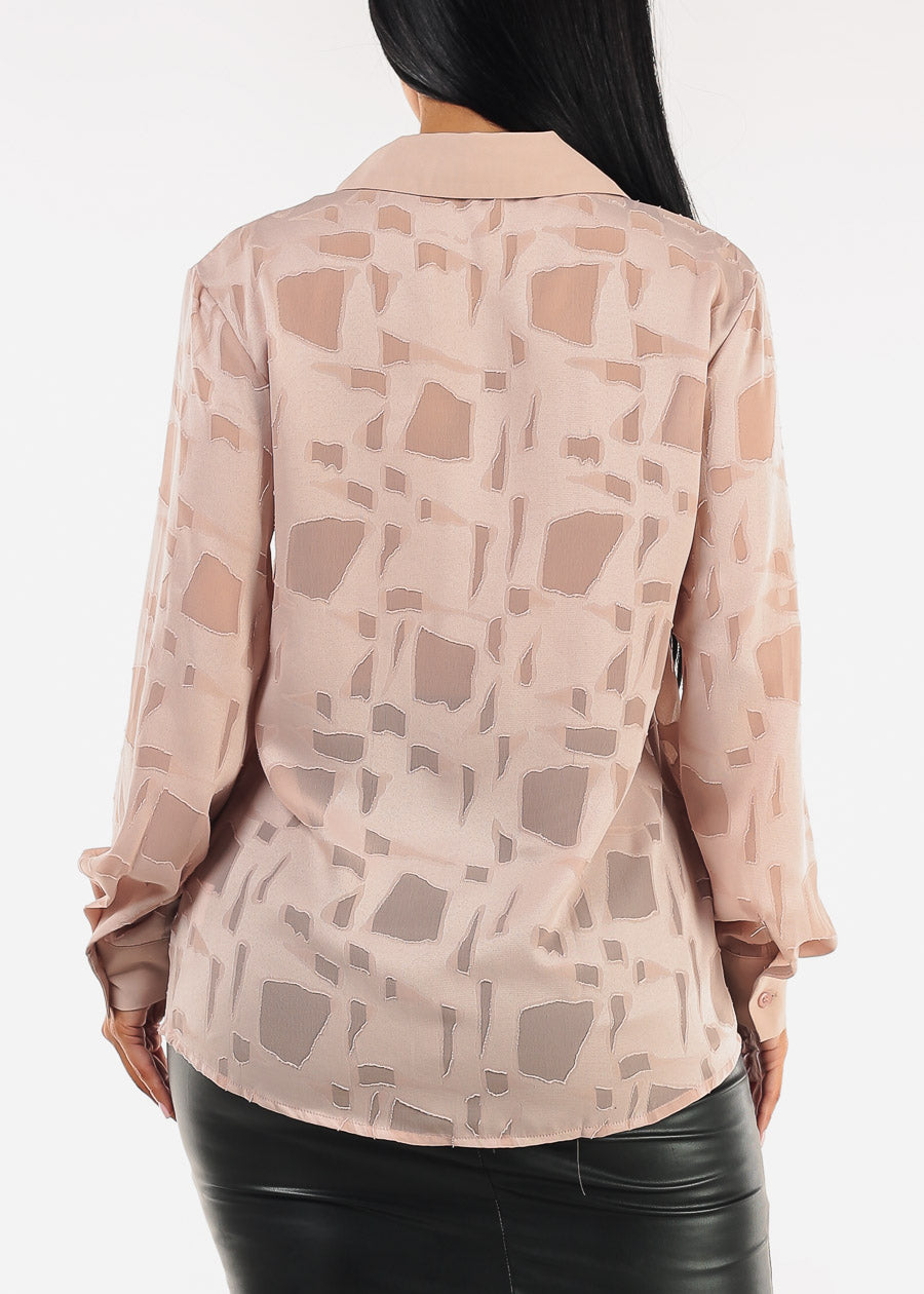 Long Sleeve Button Up Textured Collared Blouse Light Nude