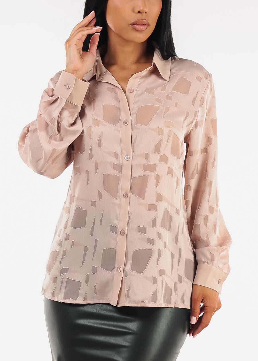 Long Sleeve Button Up Textured Collared Blouse Light Nude
