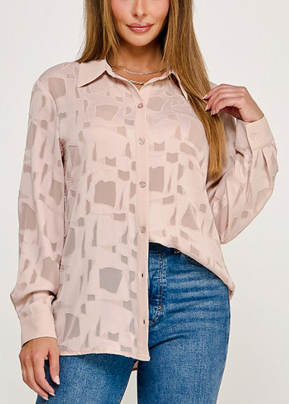 Long Sleeve Button Up Textured Collared Blouse Light Nude