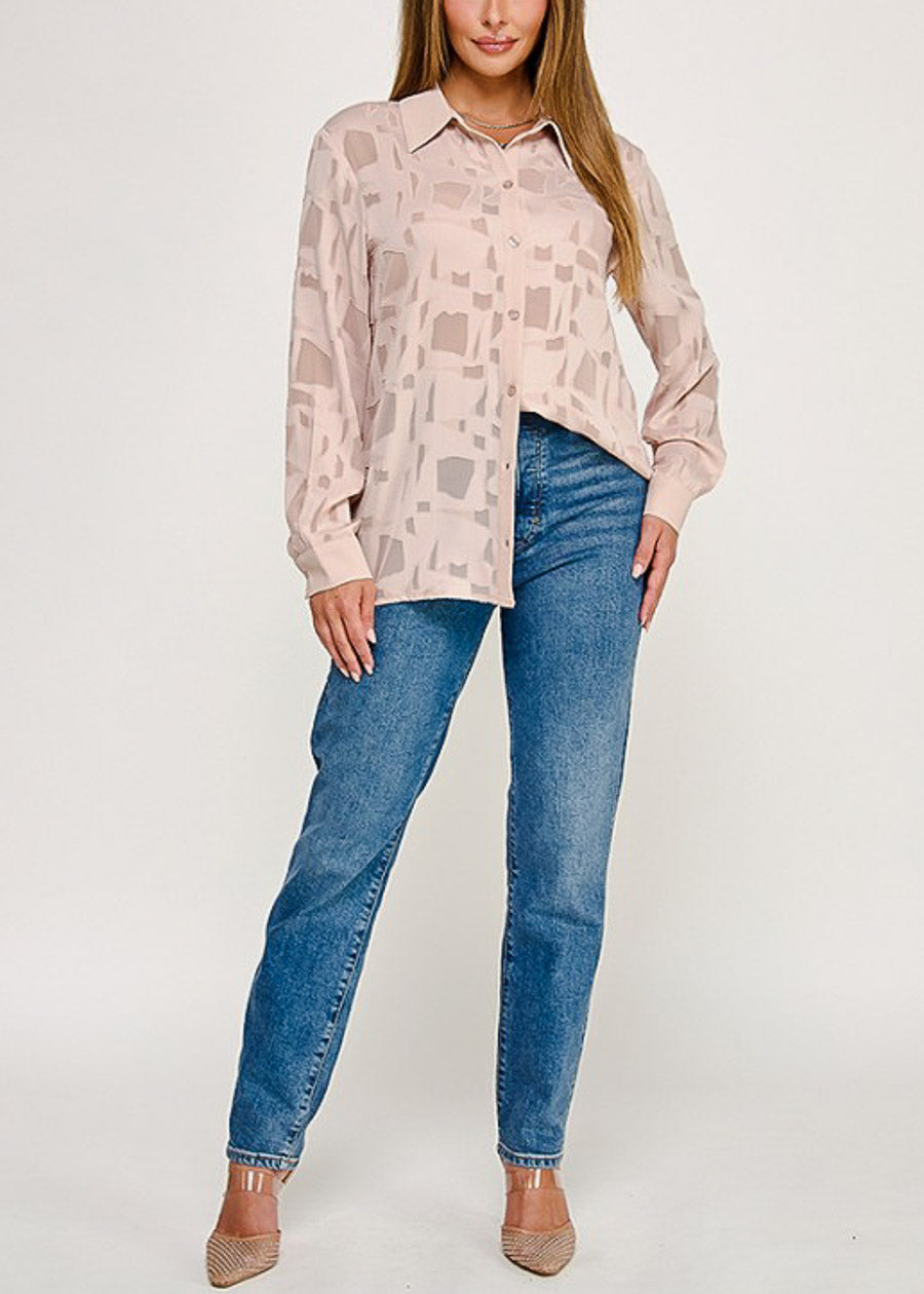Long Sleeve Button Up Textured Collared Blouse Light Nude