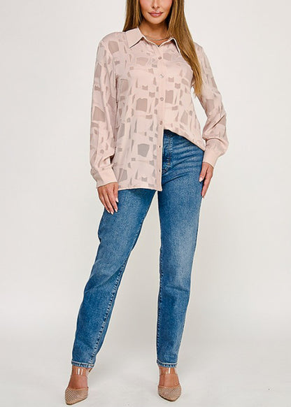 Long Sleeve Button Up Textured Collared Blouse Light Nude