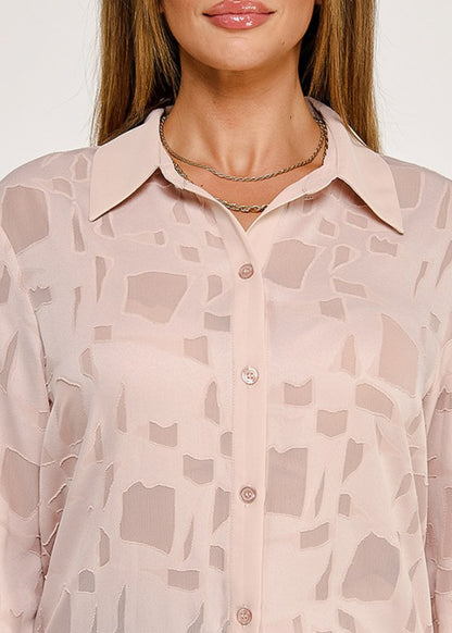 Long Sleeve Button Up Textured Collared Blouse Light Nude