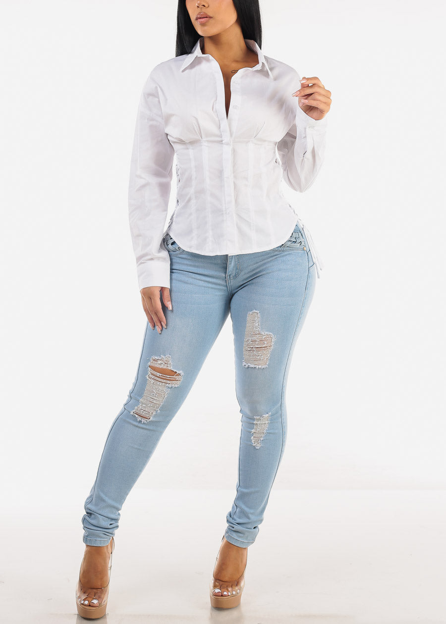 White Button Down Lace Up Blouse