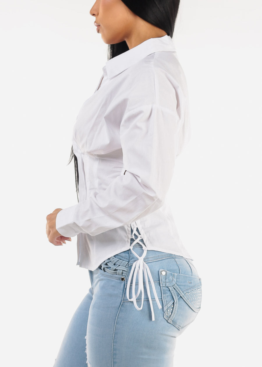 White Button Down Lace Up Blouse