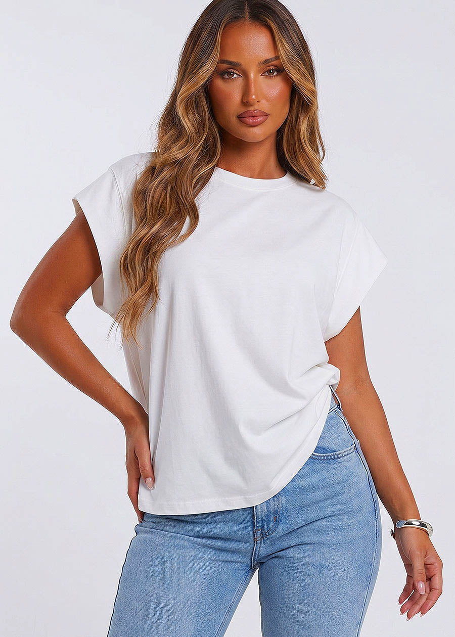 Cap Sleeve Round Neck Cotton Tee Ivory