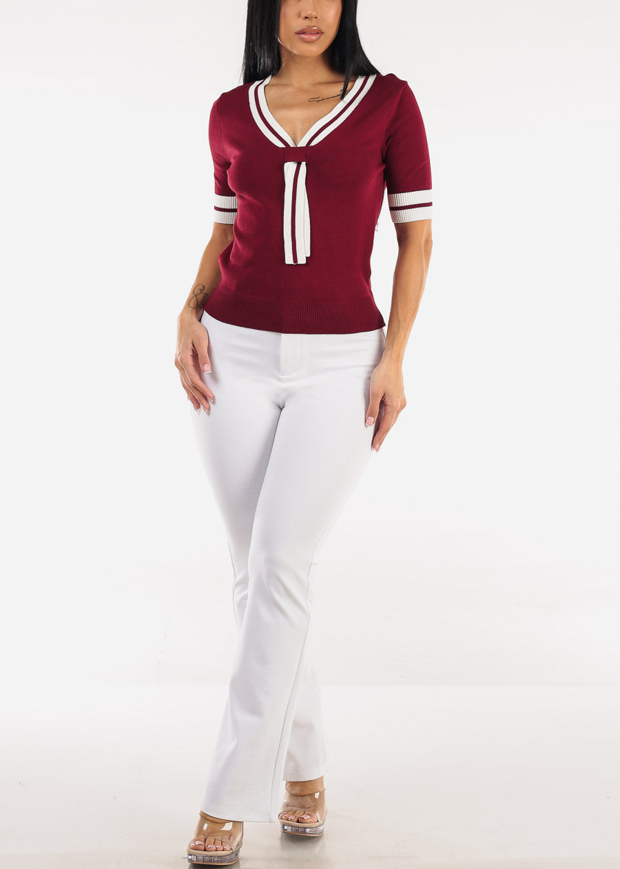 Short Sleeve Vneck Sweater Top Wine w Tie detail 