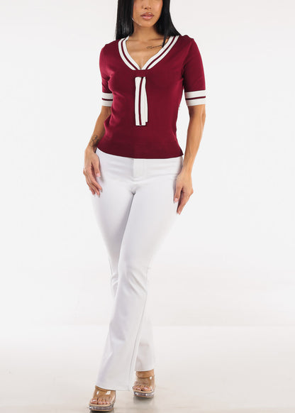 Short Sleeve Vneck Sweater Top Wine w Tie detail 