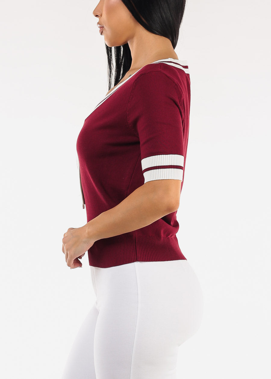 Short Sleeve Vneck Sweater Top Wine w Tie detail 