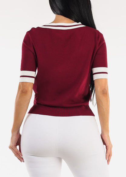 Short Sleeve Vneck Sweater Top Wine w Tie detail