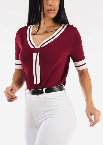 Short Sleeve Vneck Sweater Top Wine w Tie detail 