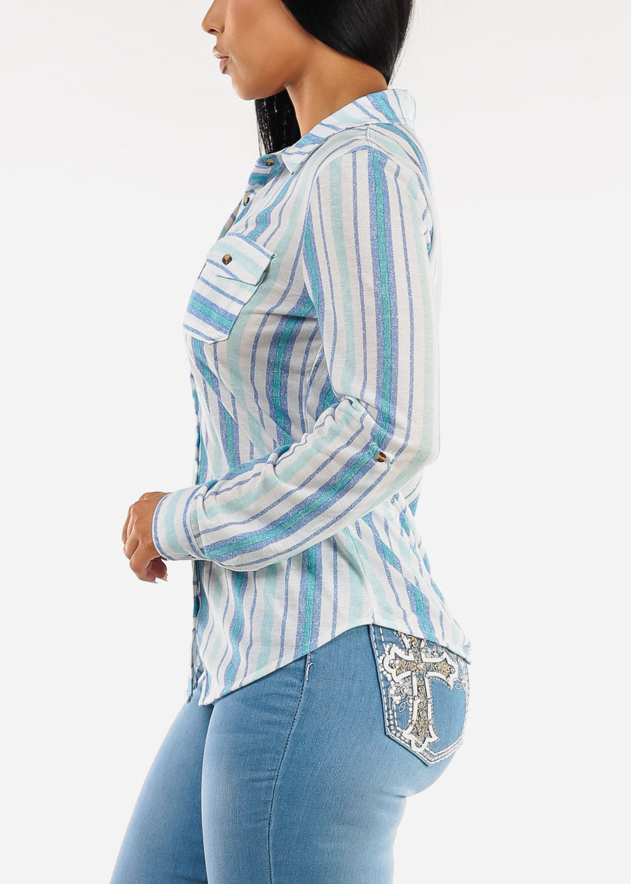 Long Sleeve Button Up Stripe Shirt Aqua