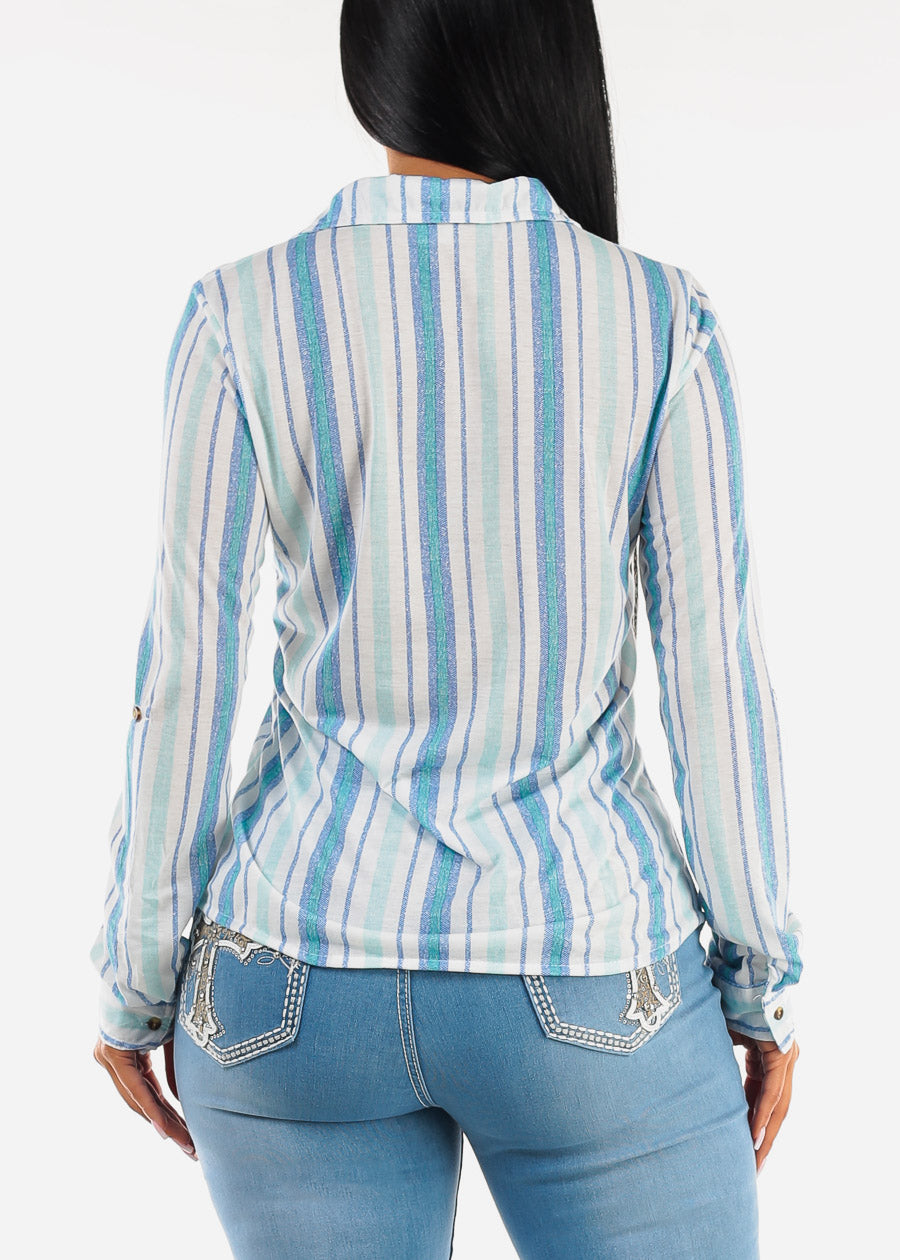 Long Sleeve Button Up Stripe Shirt Aqua