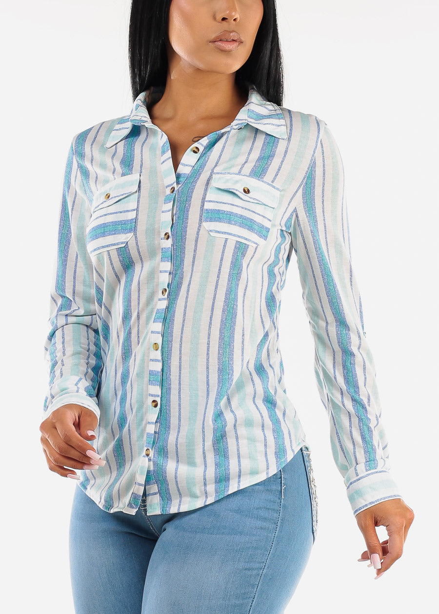 Long Sleeve Button Up Stripe Shirt Aqua