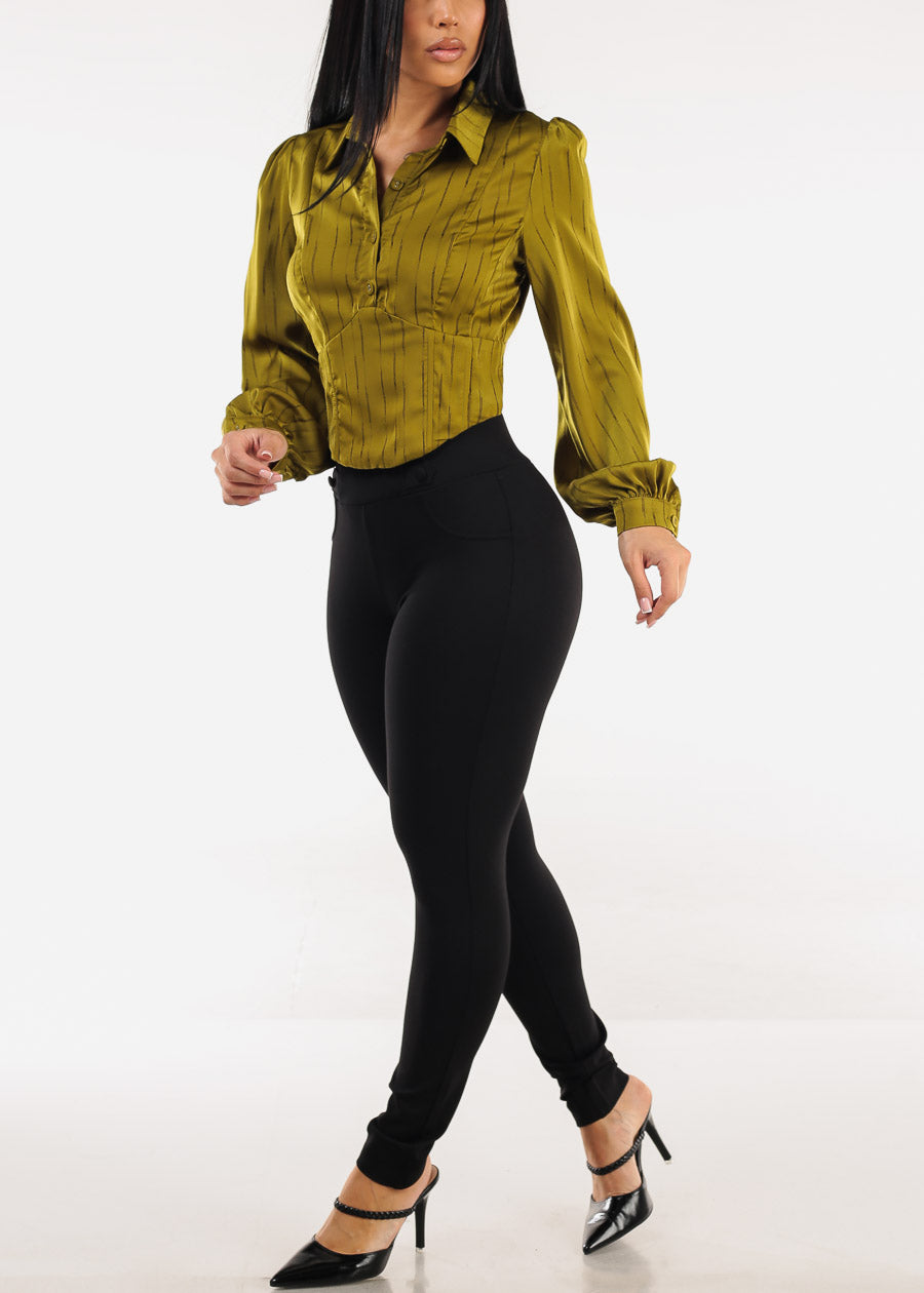 Long Sleeve Printed Corset Style Blouse Olive