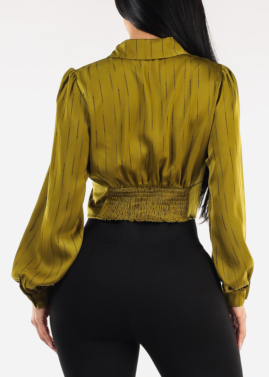 Long Sleeve Printed Corset Style Blouse Olive