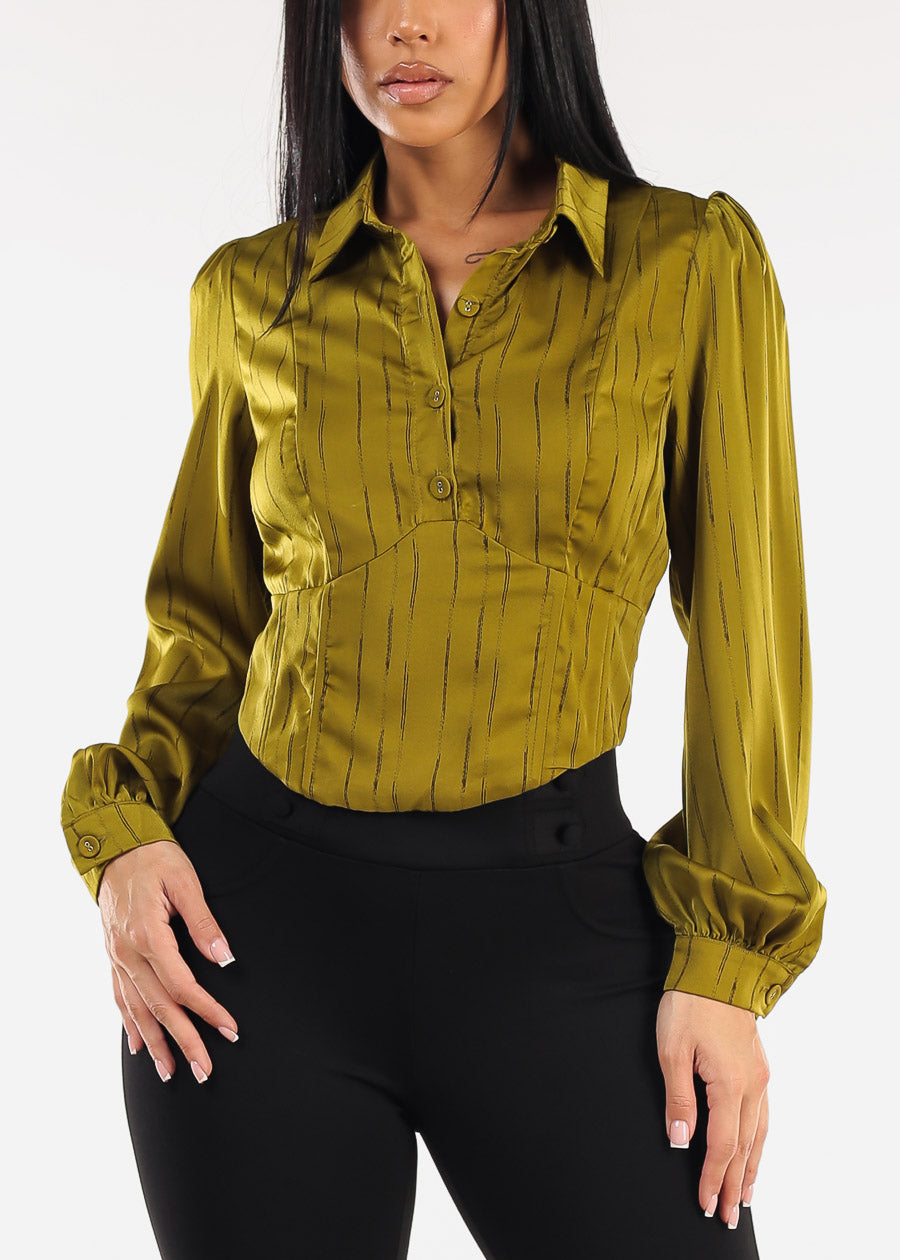 Long Sleeve Printed Corset Style Blouse Olive