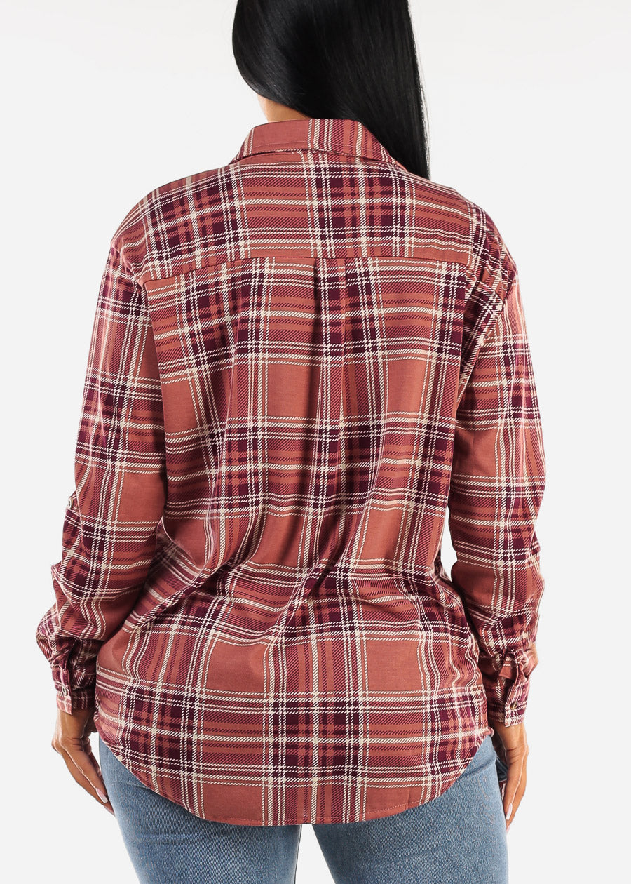 Oversized Plaid Button Down Shacket Rose & Plum