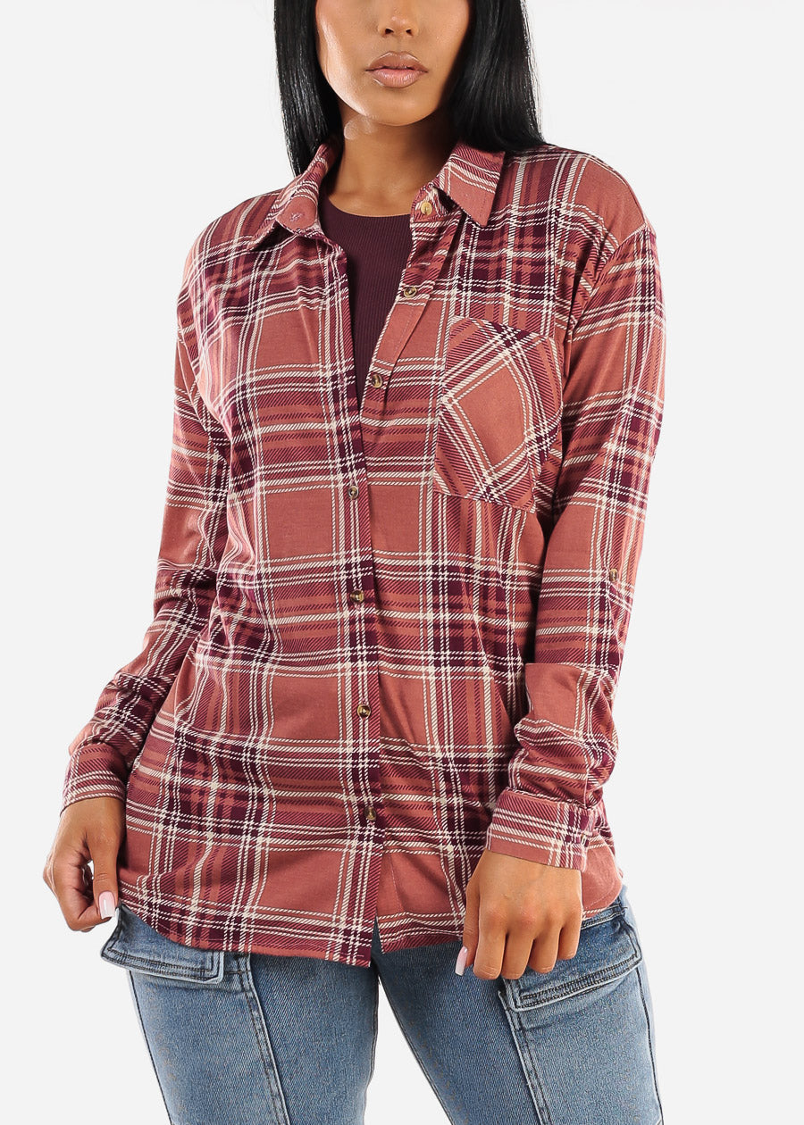 Oversized Plaid Button Down Shacket Rose & Plum