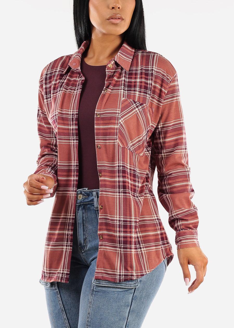 Oversized Plaid Button Down Shacket Rose & Plum