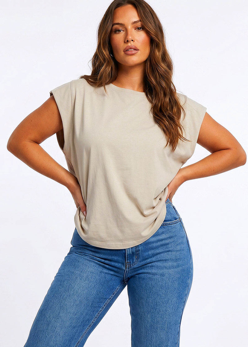 Cap Sleeve Round Neck Cotton Tee Light Taupe