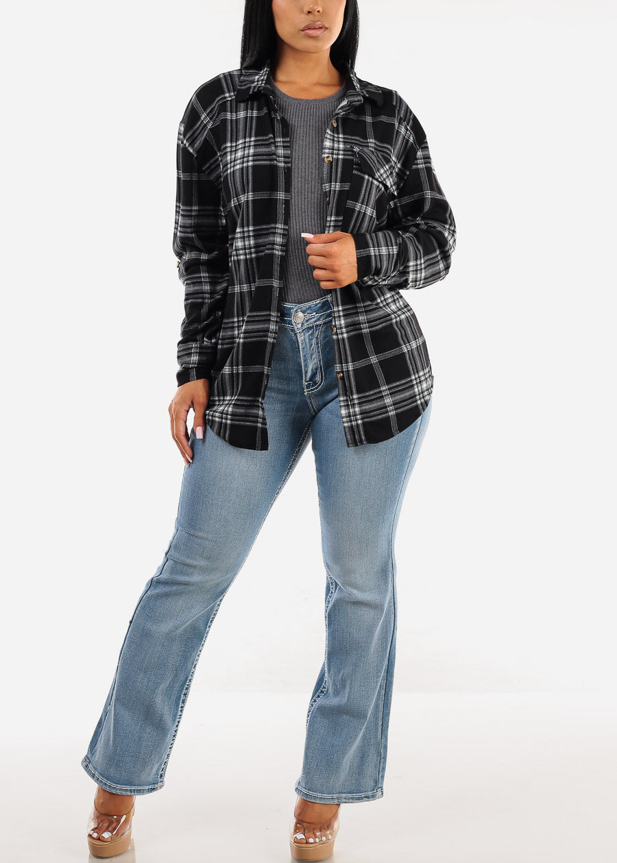 Oversized Plaid Button Down Shacket Black