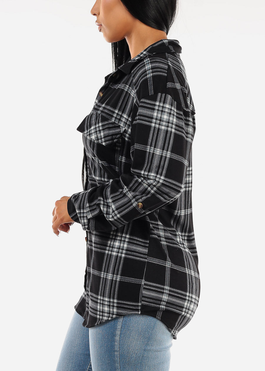 Oversized Plaid Button Down Shacket Black