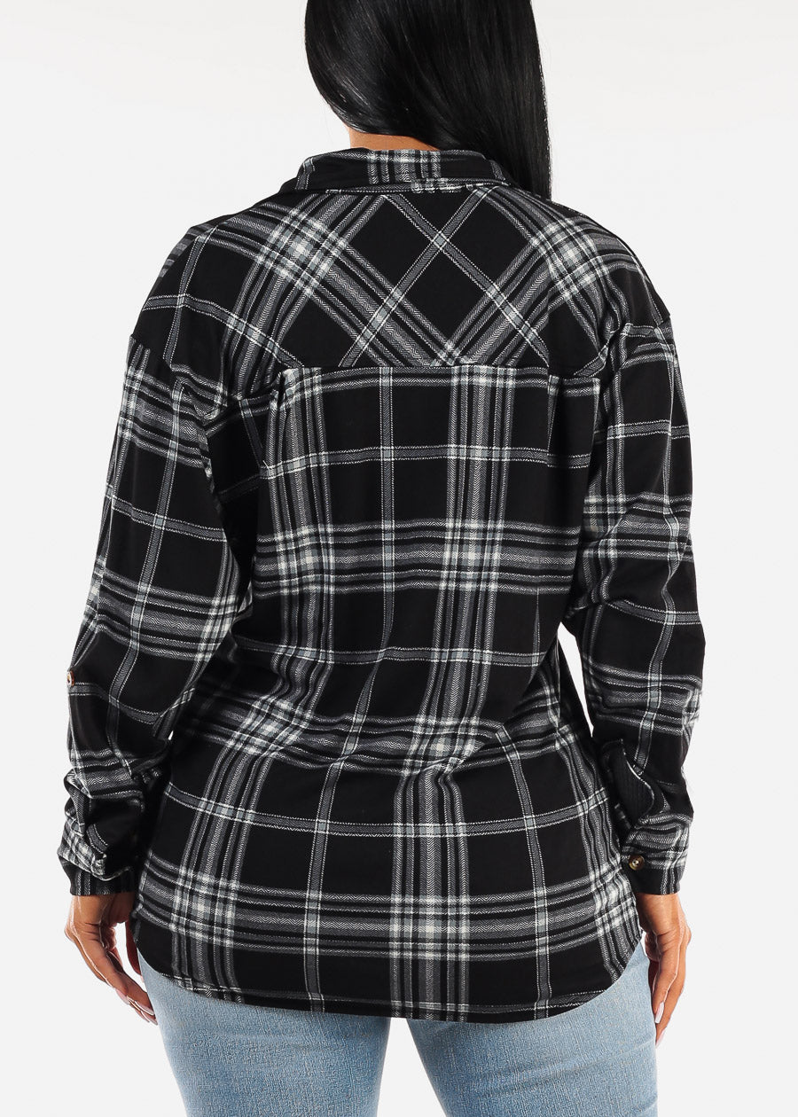 Oversized Plaid Button Down Shacket Black