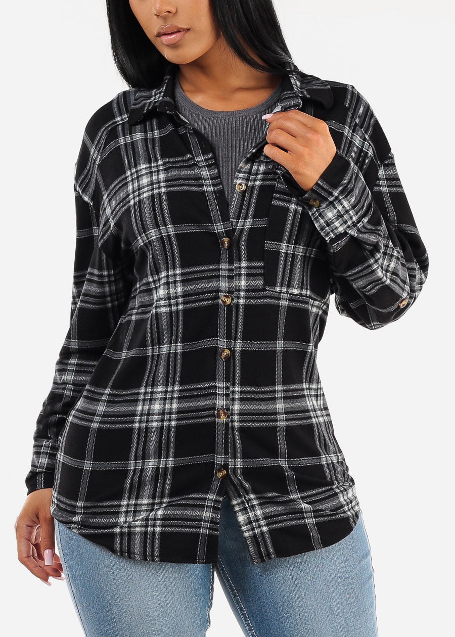 Oversized Plaid Button Down Shacket Black