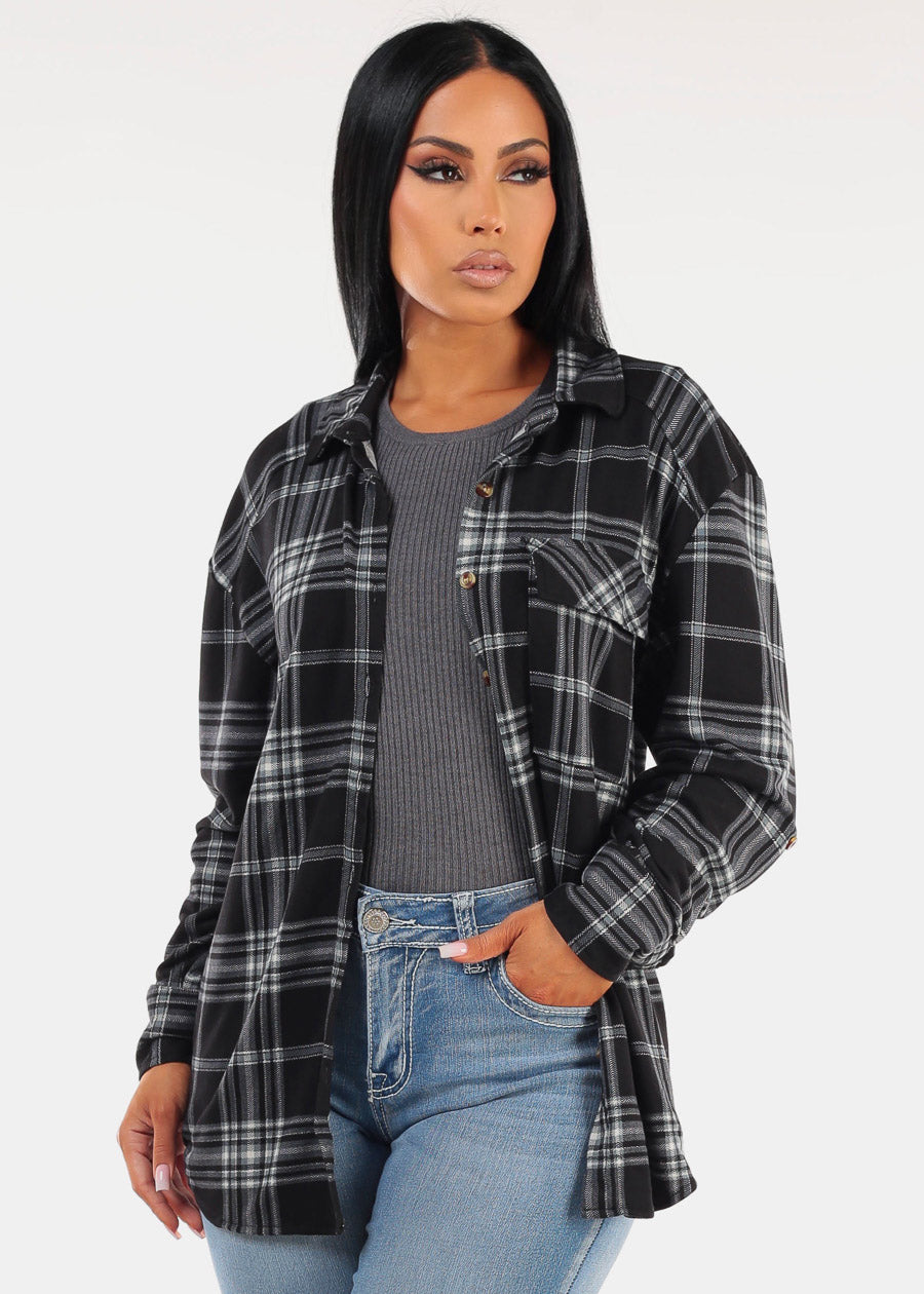 Oversized Plaid Button Down Shacket Black